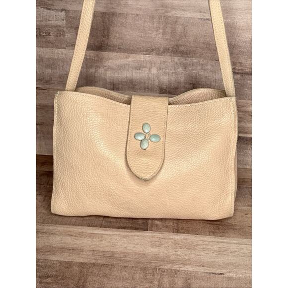 Two Bar West Leather Beige peach Cowhide shoulder bag Purse w/ Turquoise accent - Picture 1 of 13
